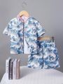 SHEIN Boys' One-Piece Casual Wave Printed Mandarin Collar Shirt And Shorts Chinese Style Clothes