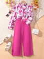 2pcs/Set Tween Girls' Flower Printed Shirt And Solid Color Pants