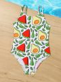 Young Girls' Fruit Printed One-Piece Swimsuit For Vacation