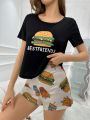 Women's Cute Cartoon Hamburger Print Pajama Set