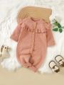 Baby Girl Ruffle Trim Button Front Raglan Sleeve Knit Jumpsuit