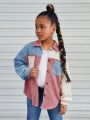 SHEIN Kids Cooltwn Tween Girl Color Block Patched Pocket Drop Shoulder Shirt