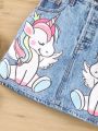 SHEIN Kids QTFun Little Girls' Solid Color Vest & Unicorn Graphic Denim Print Skirt Set