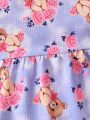 SHEIN Infant Baby Girls' Cute Cartoon Bear & Flower Print Short Sleeve Dress For Newborns