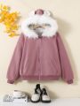 SHEIN Tween Girl Fuzzy Trim Hooded Thermal Lined Drop Shoulder Jacket