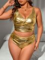 SHEIN Swim Basics Plus Size Women'S Cross-Over Metallic Texture Vest Style Bikini