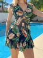 SHEIN Swim BohoFeel Tropical Printed V-neck Ruffle Hem Cover Up