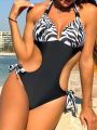 SHEIN Swim Vcay Ladies' One Piece Swimsuit With Zebra Pattern Print And Hollow Out Design