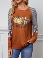 Striped & Pumpkin Print Raglan Sleeve Tee