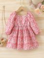 SHEIN Kids FANZEY Little Girls' Ladylike Floral Printed Long Sleeve Dress For Spring & Autumn