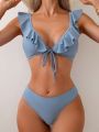 Women's Solid Color Ruffle Trimmed Bikini Set With Decorated Edge And Tied Straps