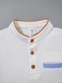 SHEIN Boys' Casual College Shirt Stand Collar Half-Open Button Contrast Pocket Polo Top