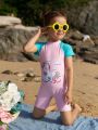 Young Girl Rainbow Unicorn Printed One-Piece Swimsuit With Hood