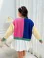 SHEIN Qutie Plus Size Color Block Drop Shoulder Open Front Cardigan