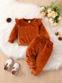 Baby Girl Ruffle Trim Velvet Sweatshirt & Sweatpants