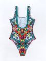 SHEIN Swim Summer Beach Floral Print Chain Linked One Piece Swimsuit