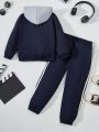 SHEIN Boys Kids' Contrast Letter Detail Hooded Jacket And Pants Set