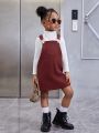 SHEIN Kids Cooltwn Young Girl Turtleneck Tee & Pocket Patched Overall Dress