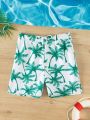 Teen Boy Coconut Tree Print Drawstring Waist Swim Shorts