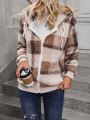 Plaid Pattern Drawstring Hooded Teddy Jacket