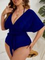 SHEIN Swim Classy Plus Plain Belted Halter One Piece Swimsuit