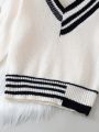 Tween Girl Striped Trim Drop Shoulder Cricket Sweater