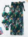 SHEIN Swim Tropical Print Cut Out Halter One Piece Swimsuit With Beach Skirt,Summer Beach