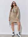 Floral & Slogan Graphic Kangaroo Pocket Drop Shoulder Drawstring Thermal Hoodie Dress