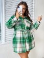 SHEIN Privé Plus Plaid Print Drop Shoulder Belted Coat