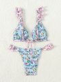 SHEIN Swim Mod Small Floral Print Ruffled Bralette Bikini Set With High Waisted Bottoms