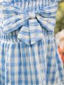 New Summer Baby Girls' Plaid Dress With Bowknot Decorated Strap