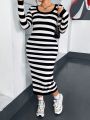 Plus Striped Pattern Scoop Neck Bodycon Sweater Dress