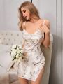 Women's White Floral Print Satin Silk Spaghetti Strap Slit Sleep Dress