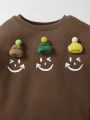 SHEIN Boys' Cute And Fun Face Pattern Knit Hat Decorative Round Neck Sweatshirt