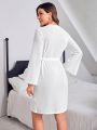 Ladies' Solid Color Lace Trimmed Robe With Waist Belt