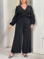 SHEIN Privé Plus Size Spring And Summer Clothing New Style Shiny Fabric Party Elegant Ruffled Long Sleeve Wide Leg Jumpsuit