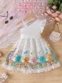 Baby Girl'S Summer New Arrival Irregular Shoulder Design Embroidered Mesh Hem Dress