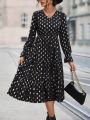 Gold Dot Print Flounce Sleeve Ruffle Hem Dress