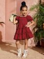 SHEIN Kids EVRYDAY Little Girls' Bubble Sleeves Off Shoulder A-Line Dress