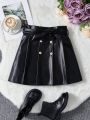 SHEIN Kids FANZEY Girls' Elegant Style Wood Ear Edge Decorated Buckle Detachable Belt Skirt With Front Panel