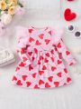 SHEIN Baby Girls' Casual Long Sleeve Mesh Dress With Heart Lollipop Pattern Patchwork