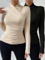 SHEIN Essnce 2pcs Stand Collar Criss-cross Design Solid Color Long Sleeve T-shirt