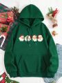 Christmas Print Kangaroo Pocket Drawstring Thermal Hoodie