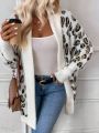 SHEIN LUNE Leopard Pattern Contrast Trim Batwing Sleeve Duster Cardigan