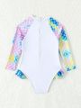 Girls' Mermaid Printed One-piece Swimsuit With Front Lining For Summer Beachwear