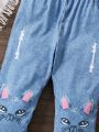 SHEIN Kids SUNSHNE Little Girls' Cartoon Printed Flared Pants Made Of Denim-Like Material