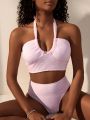 SHEIN Swim Vcay Women's Solid Color Halter Top And High Waisted Triangle Bottom Bikini Swimsuit Set