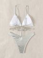 SHEIN Swim BAE Rhinestone Decor Silver Metallic Bikini Swimwear Set