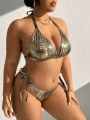 SHEIN Swim BAE Plus Size Women'S Crocodile Texture Halter Neck Swimsuit Set