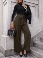 Solid Color Belted High Waisted Trousers